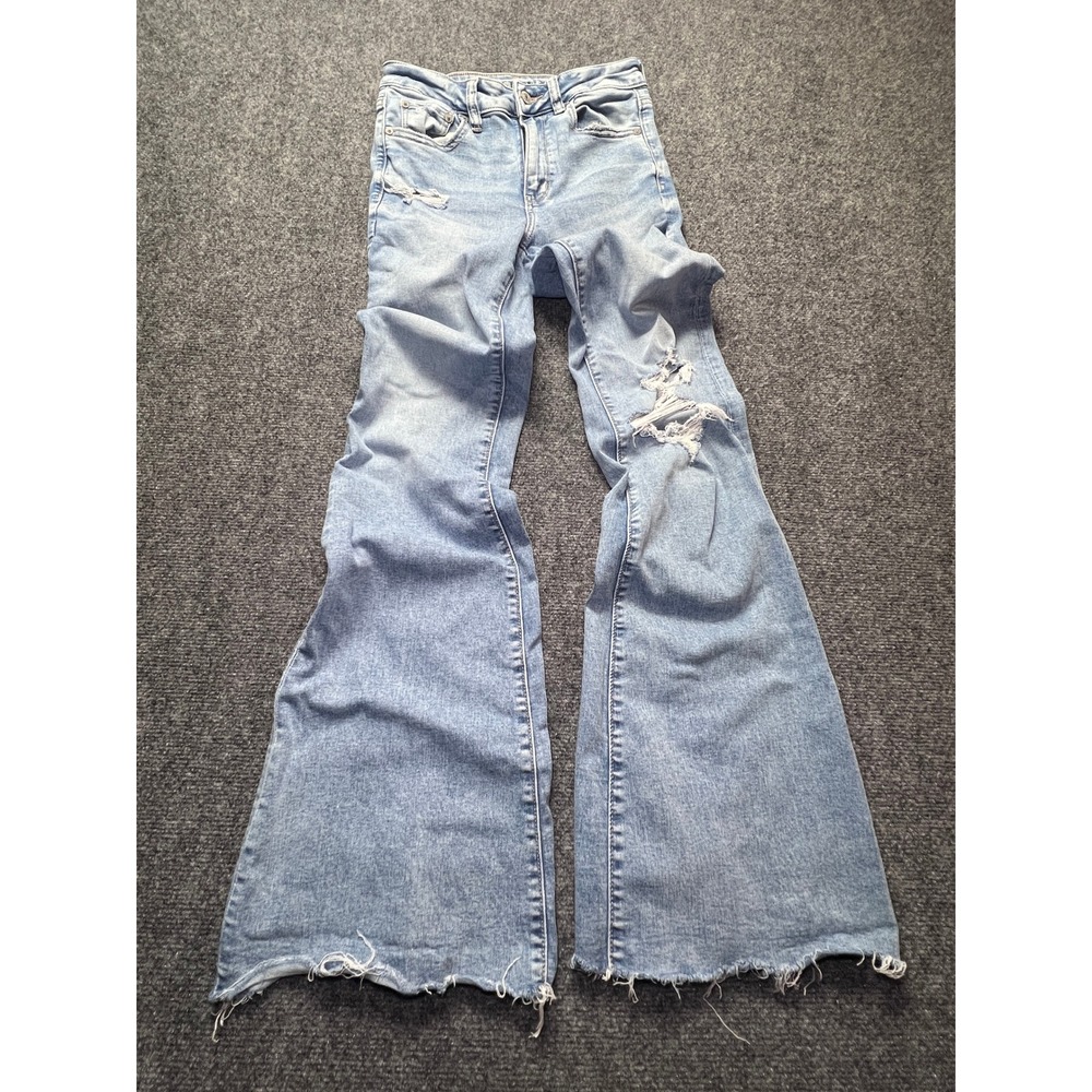 American Eagle Super High-Rise Flare Jeans Light Wash Distressed Size 4 Long